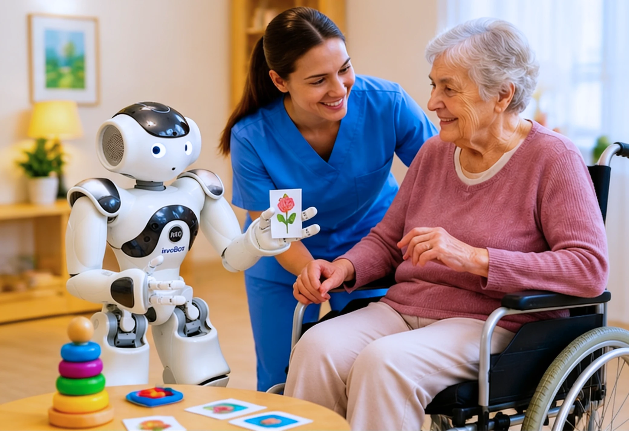 Pečovatelka a sociální robot předávají kartičku seniorce na vozíku